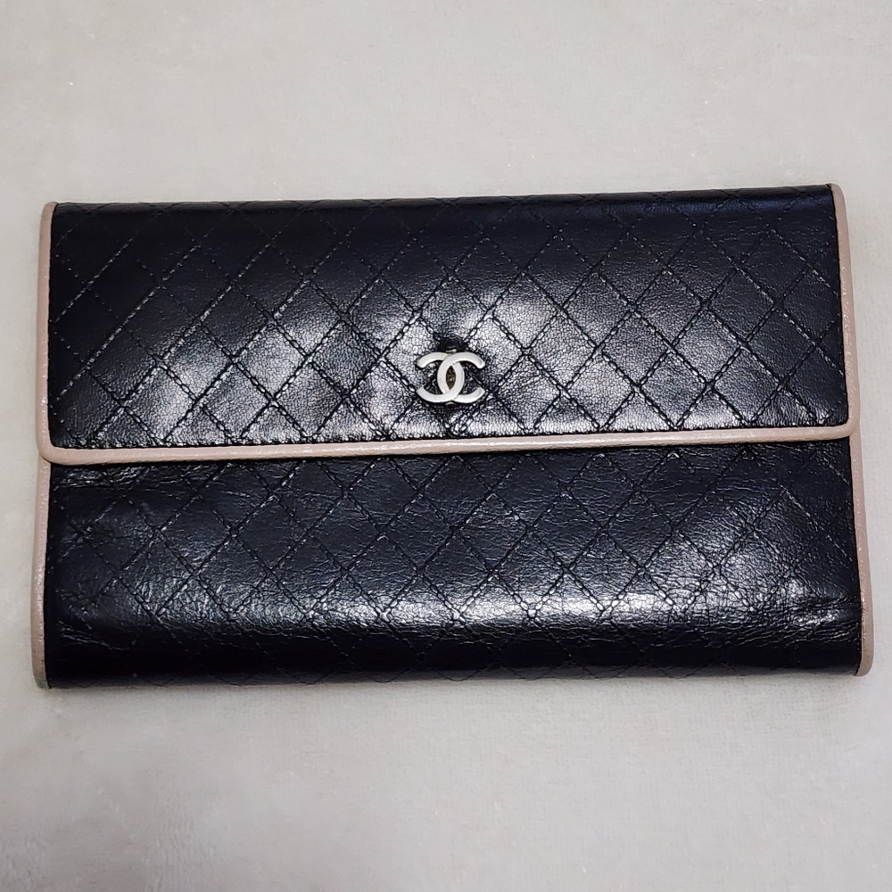 Chanel Black with Beige Trim Long Trifold Flap Wallet